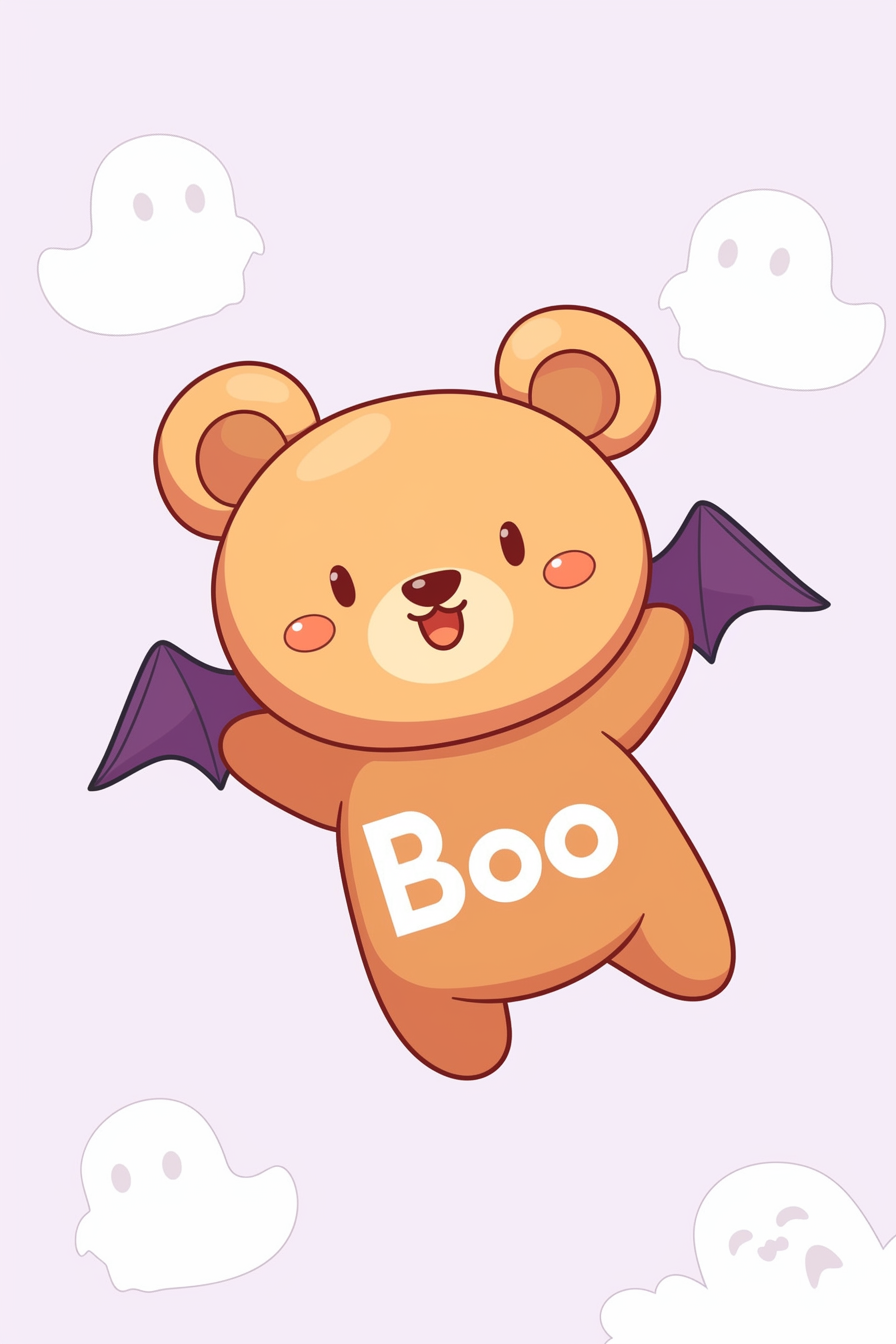 halloween cute animals drawings 2, featuring a cheerful bear dressed as a bat, surrounded by friendly ghosts.
